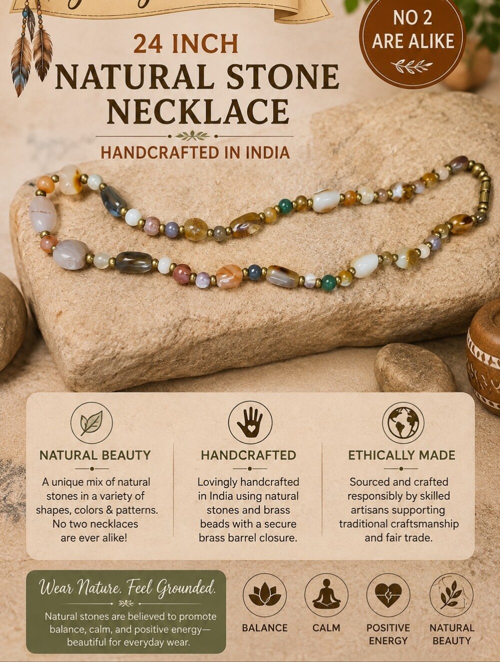 Handcrafted Multicolor Natural Stone Necklace – 24-Inch